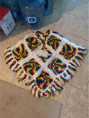 Vintage Handmade Crochet Granny Square Poncho Pink Multi Boho Patchwork Wrap